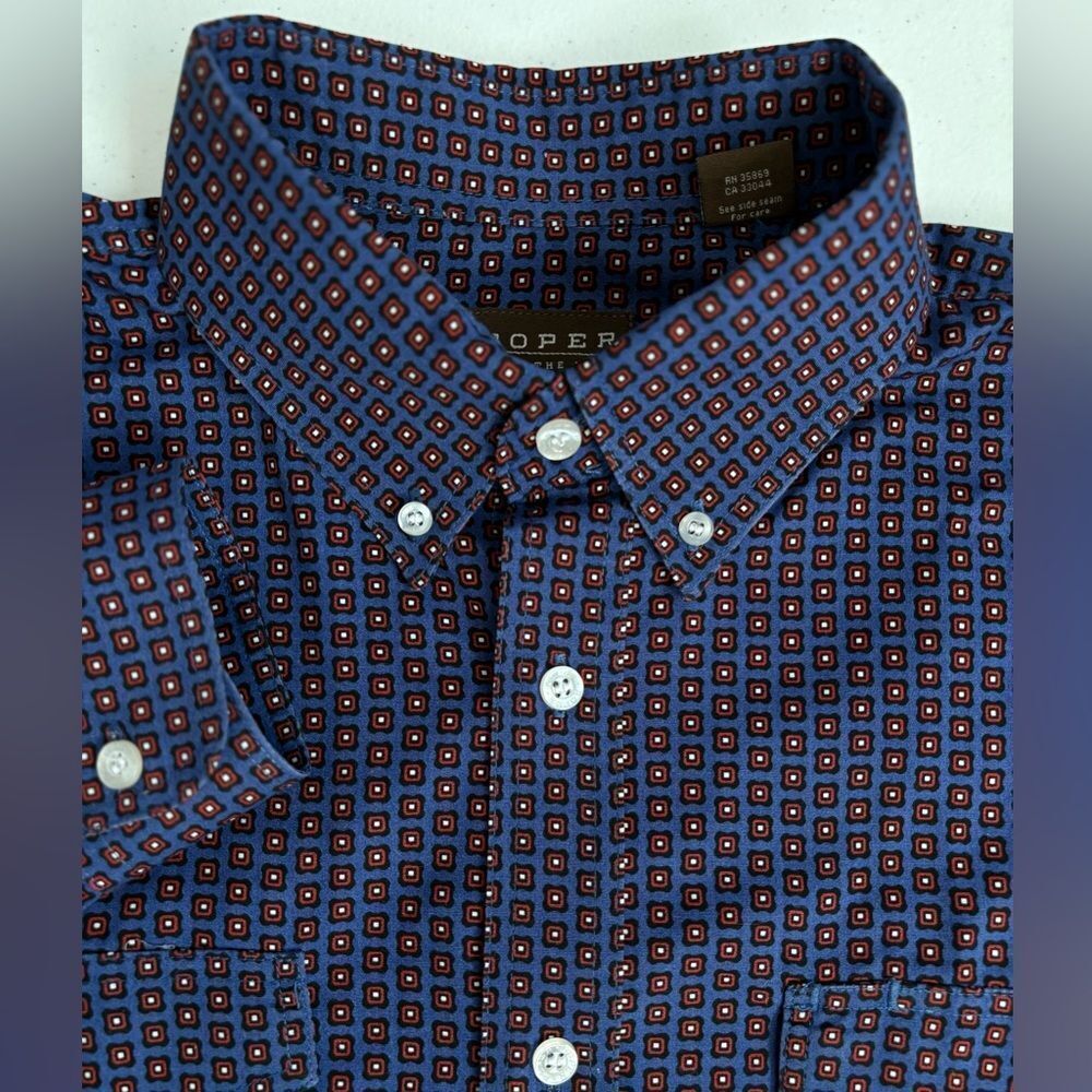 Roperโ Men's Large Dark Blue Burnt Orange Graphic Print Long Sleeve Button Down